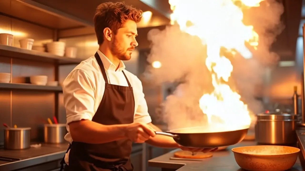 Vidu Q4 image-to-video: a chef flambés vegetables, cut to the pan, cut back to the chef
