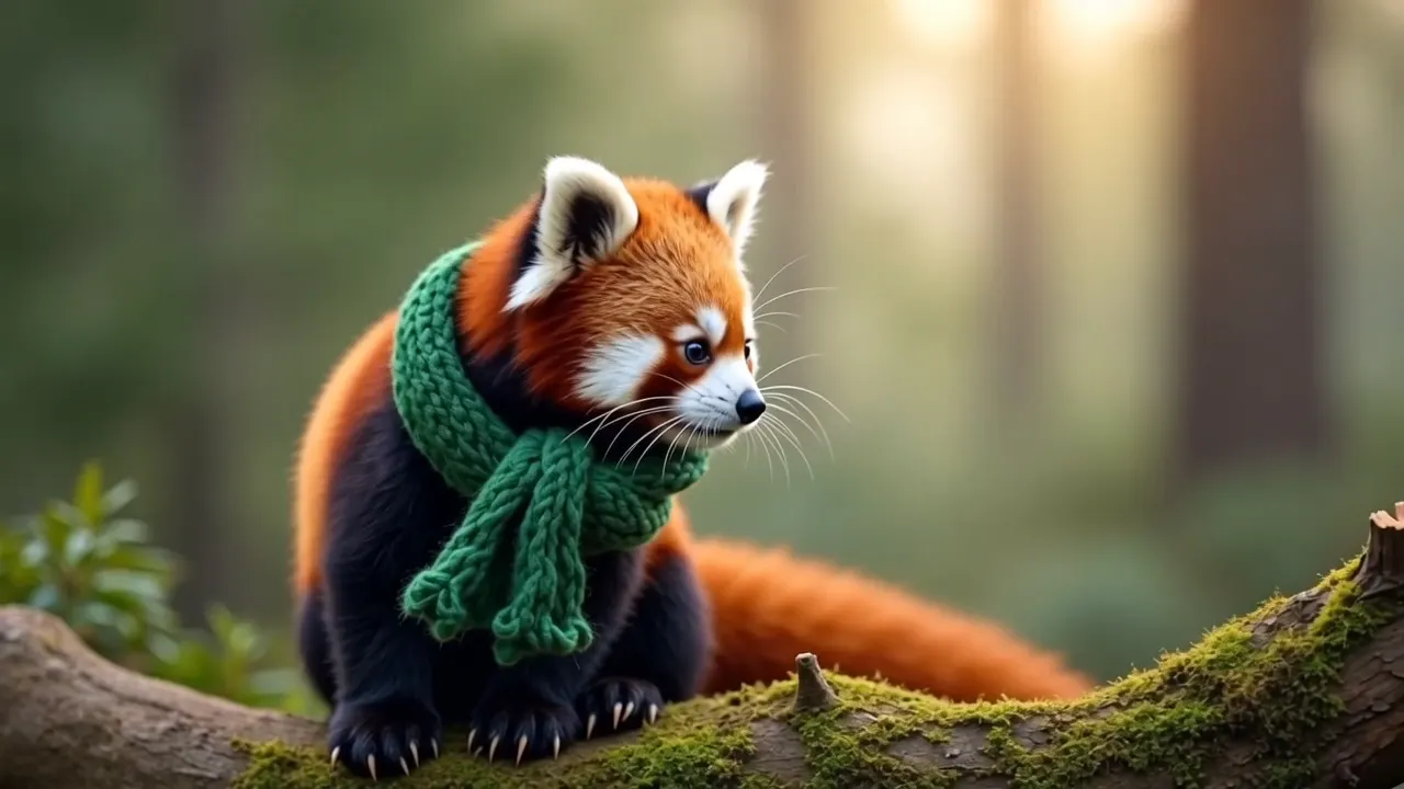 Vidu Q4 image-to-video: a red panda in a green scarf walks along a mossy log in misty forest